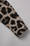 Robes décontractées imprimé léopard patchwork col rabattu manches longues gris
