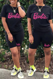 Black Casual Letter Print Basic O Neck Short Sleeve Two Pieces