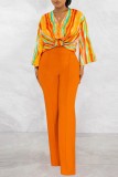 naranja casual estampado patchwork cuello en v manga larga dos piezas