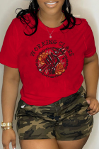 Camisetas con cuello en O de patchwork con estampado diario casual rojo