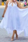 Vita sexiga Casual Solid urholkade asymmetriska O-hals ärmlösa klänningar