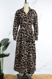 Кофейные повседневные платья с леопардовым принтом в стиле пэчворк и отложным воротником с длинным рукавом