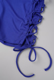 Azul sexy sólido ahuecado correas cruzadas medio cuello alto manga corta dos piezas (tres piezas)