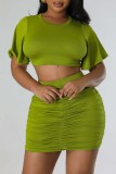 Green Casual Solid Fold O Neck Short Sleeve Two Pieces