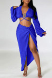 Blue Sexy Solid Frenulum Slit V Neck Long Sleeve Two Pieces