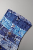 Blaue Patchwork-Kleider mit trägerlosem Wickelrock und Street-Print