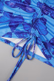 Blue Sexy Print Backless Spaghetti Strap sans manches deux pièces