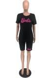Black Casual Letter Print Basic O Neck Short Sleeve Two Pieces
