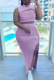 Purple Sexy Solid Hollowed Out Patchwork Slit O Neck Plus Size Two Pieces