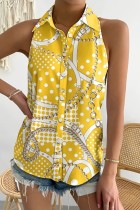 Tops de cuello de camisa de patchwork con estampado casual amarillo