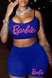 Royal Blue Casual Letter Print Backless Spaghetti Strap Sleeveless Two Pieces Cami Crop Tops And Shorts  Sets
