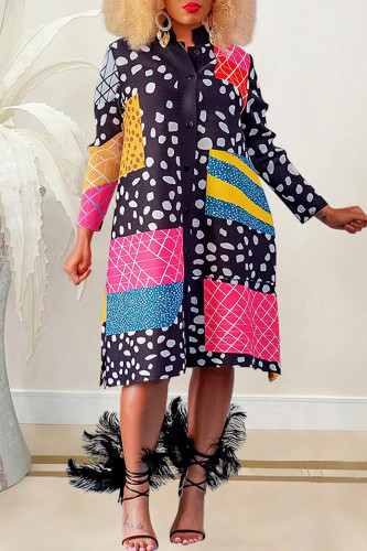 Black Casual Print Patchwork Mandarin Collar Long Sleeve Dresses