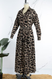Koffie casual print luipaard patchwork turndown kraag jurken met lange mouwen
