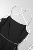 ブラック セクシー ソリッド パッチワーク バックレス ストラップ デザイン ホルター ワン ステップ スカート ドレス