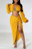 Yellow Sexy Solid Frenulum Slit V Neck Long Sleeve Two Pieces