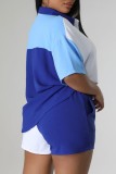 ブルー カジュアル パッチワーク コントラスト シャツ カラー 半袖 XNUMX ピース