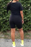 Black Casual Letter Print Basic O Neck Short Sleeve Two Pieces