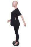 Black Casual Solid Patchwork Slit V Neck Short Sleeve Two Pieces
