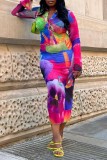 Colour Casual Print Patchwork Turndown Collar Long Sleeve Two Pieces
