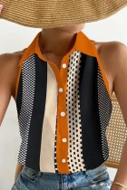 Tops de cuello de camisa de patchwork con estampado casual negro naranja