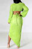 Green Sexy Solid Frenulum Slit V Neck Long Sleeve Two Pieces