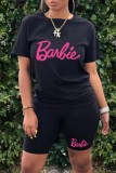 Black Casual Letter Print Basic O Neck Short Sleeve Two Pieces