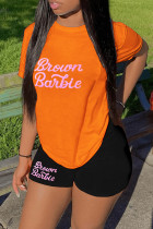 Orange Black Casual Letter Print Basic O Neck Short Sleeve Two Pieces