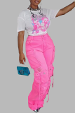 Fluorescent Pink Casual College Solid Make Old Patchwork Pocket High Waist Baggy Wide Leg Ripped Denim Jeans
