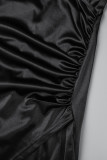 Черное сексуальное однотонное платье с открытой спиной и V-образным вырезом
