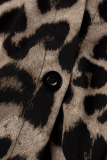 Kaffee Casual Print Leopard Patchwork Umlegekragen Langarm Kleider