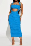 Blue Sexy Solid Backless Spaghetti Strap Sleeveless Two Pieces