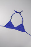 Azul sexy sólido ahuecado correas cruzadas medio cuello alto manga corta dos piezas (tres piezas)