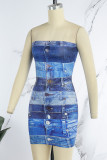Vestidos de falda envuelta sin tirantes de patchwork con estampado de calle azul