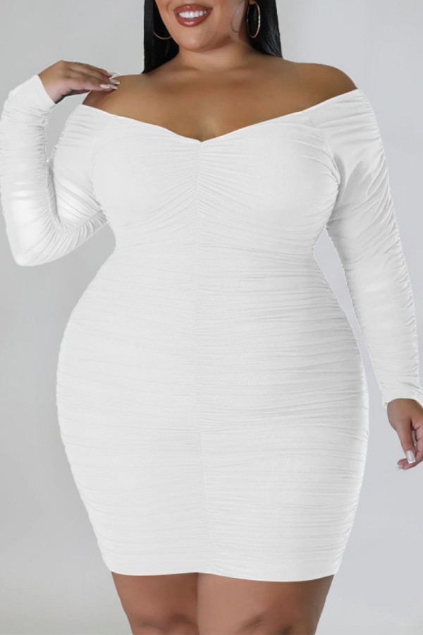 White Casual Solid Patchwork Off the Shoulder Long Sleeve Plus Size Dresses