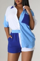 Blauwe casual patchwork contrasterende overhemdkraag korte mouw tweedelig