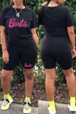 Black Casual Letter Print Basic O Neck Short Sleeve Two Pieces
