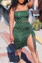 Ink Green Sexy Casual Dot Print Draw String Frenulum Backless Sleeveless Two Pieces Cami Crop Tops And Thigh Split Skirts Sets