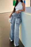 Светло-голубые свободные джинсовые джинсы Street Gradual Change с карманами в стиле пэчворк и высокой талией