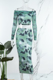 Conjunto de duas peças com blusa e saia de manga comprida verde casual estampada tie-dye