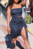 Navy Blue Sexy Casual Dot Print Draw String Frenulum Backless Sleeveless Two Pieces Cami Crop Tops And Thigh Split Skirts Sets