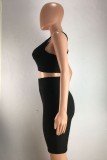 Black Casual Sportswear Solid Backless V Neck Sleeveless Two Pieces