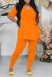 Orange Casual Solid Patchwork Slit V Neck Short Sleeve Two Pieces