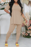 Apricot Casual Solid Patchwork Slit V Neck Short Sleeve Two Pieces