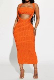 Orange Sexy Solid Backless Spaghetti Strap Sleeveless Two Pieces