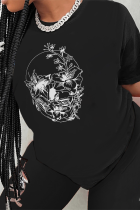 T-shirts à col rond en patchwork de crâne à imprimé quotidien décontracté noirs