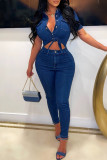 Light Blue Casual Solid Hollowed Out Frenulum Turndown Collar Short Sleeve Front Tie Skinny Denim Jumpsuits