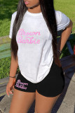 Red Black Casual Letter Print Basic O Neck Short Sleeve Two Pieces