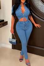 Light Blue Casual Solid Hollowed Out Frenulum Turndown Collar Short Sleeve Front Tie Skinny Denim Jumpsuits