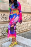 Colour Casual Print Patchwork Turndown Collar Long Sleeve Two Pieces
