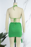 Conjunto de tres piezas de traje de baño sin espalda con frenillo ahuecado sólido sexy verde (sin relleno)